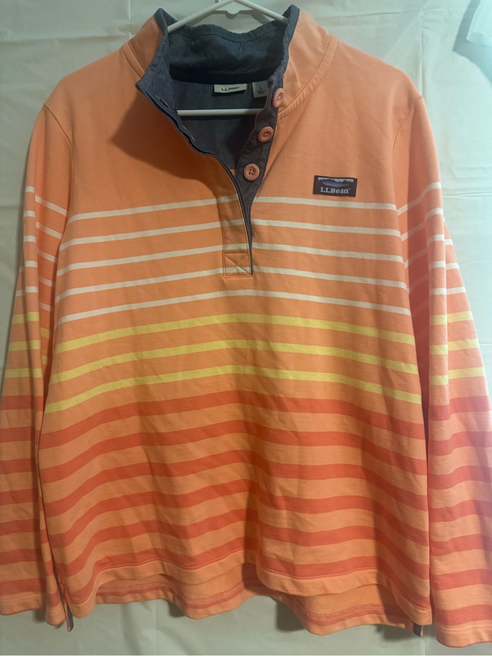 L.L.Bean Peach and Yellow Striped Button Mock Neck Pullover